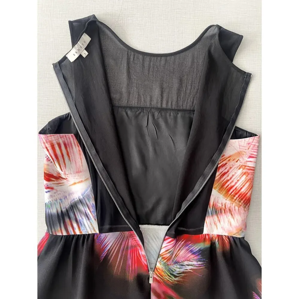 Sandro Sz 3/US 8 Bold Feather Print Dress Black Mini Sheer Cocktail Artsy French - Picture 7 of 13